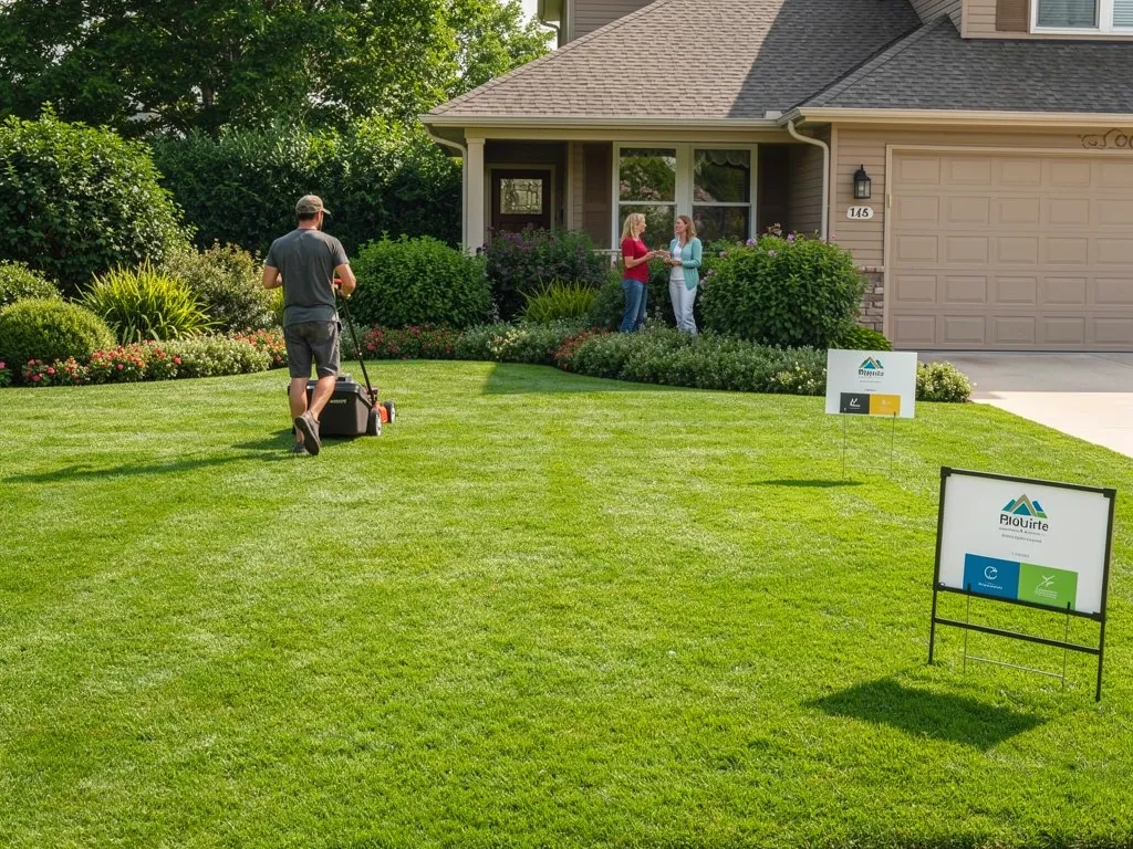 ### Key Elements **Main Subjects:** - A man using a lawn mower - Two women